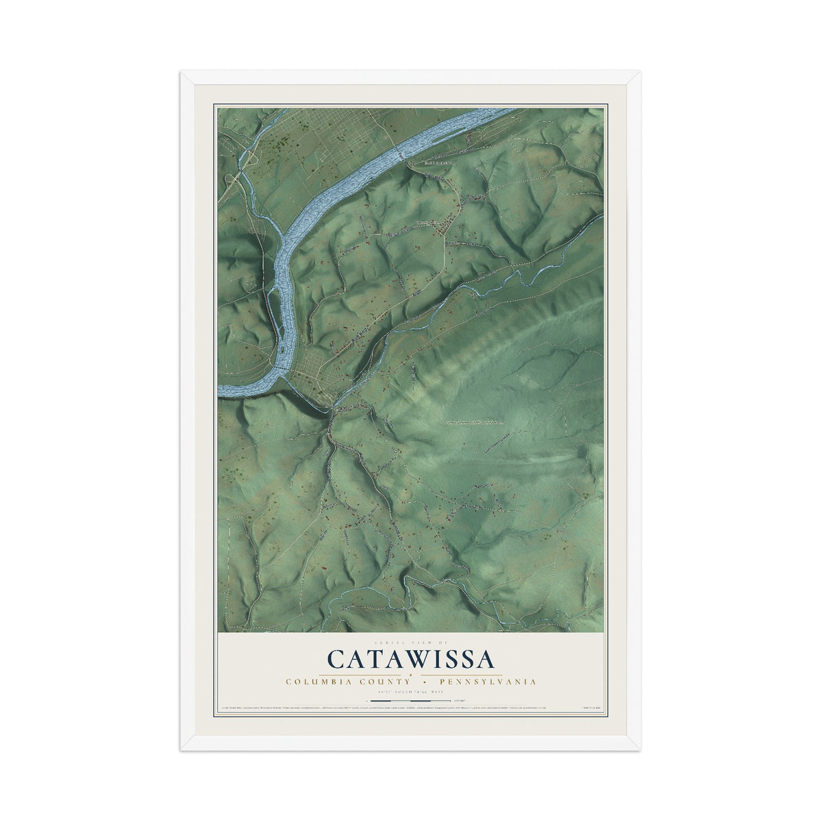 Map of Catawissa, Columbia County, Pennsylvania, 12 x 18 inch print in a white wood frame