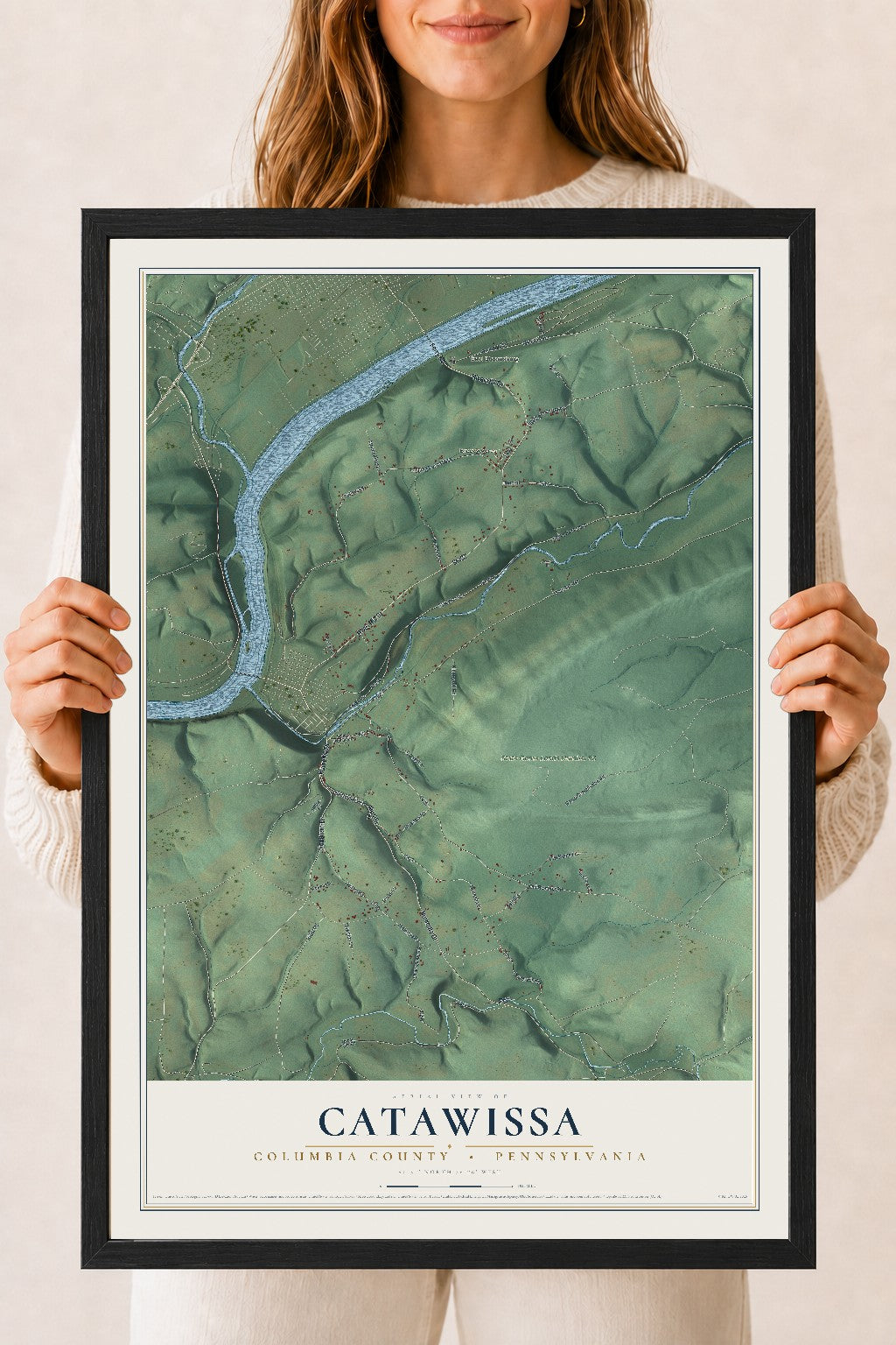 Map of Catawissa, Columbia County, Pennsylvania, 18 x 24 inch print in a black wood frame