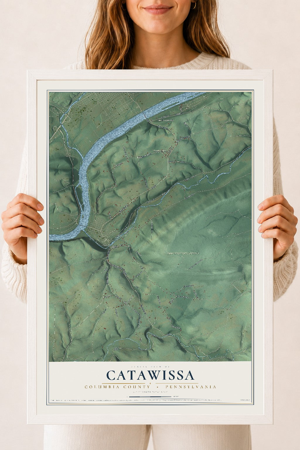 Map of Catawissa, Columbia County, Pennsylvania, 18 x 24 inch print in a white wood frame