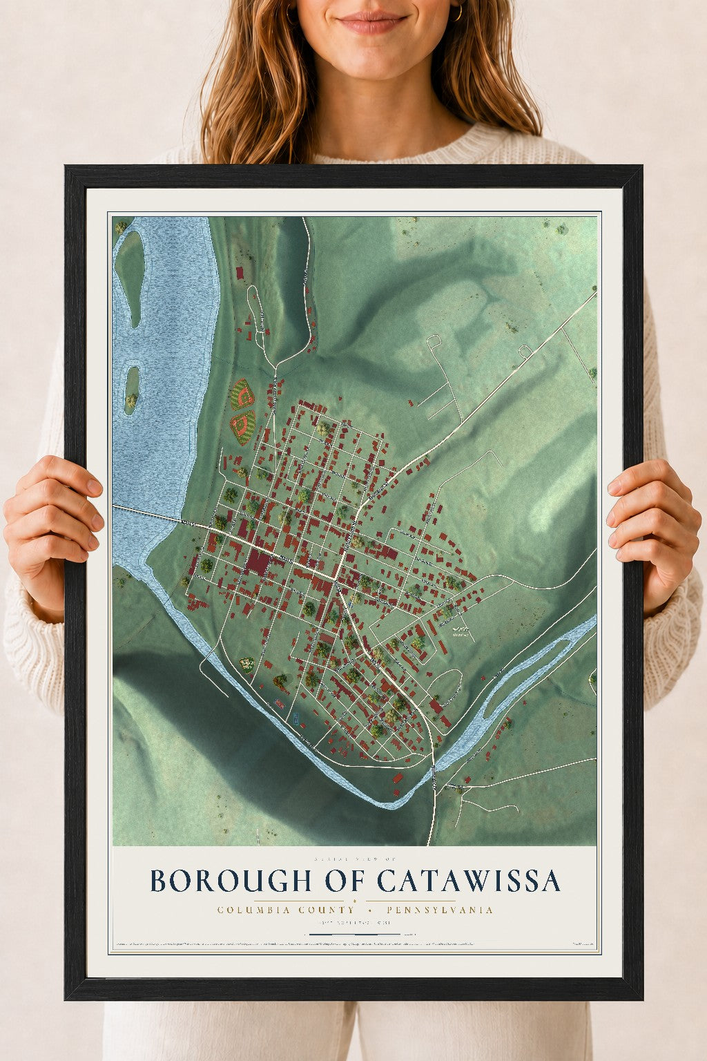 Map of the Borough of Catawissa, Columbia County, Pennsylvania, 18 x 24 inch print in a black wood frame