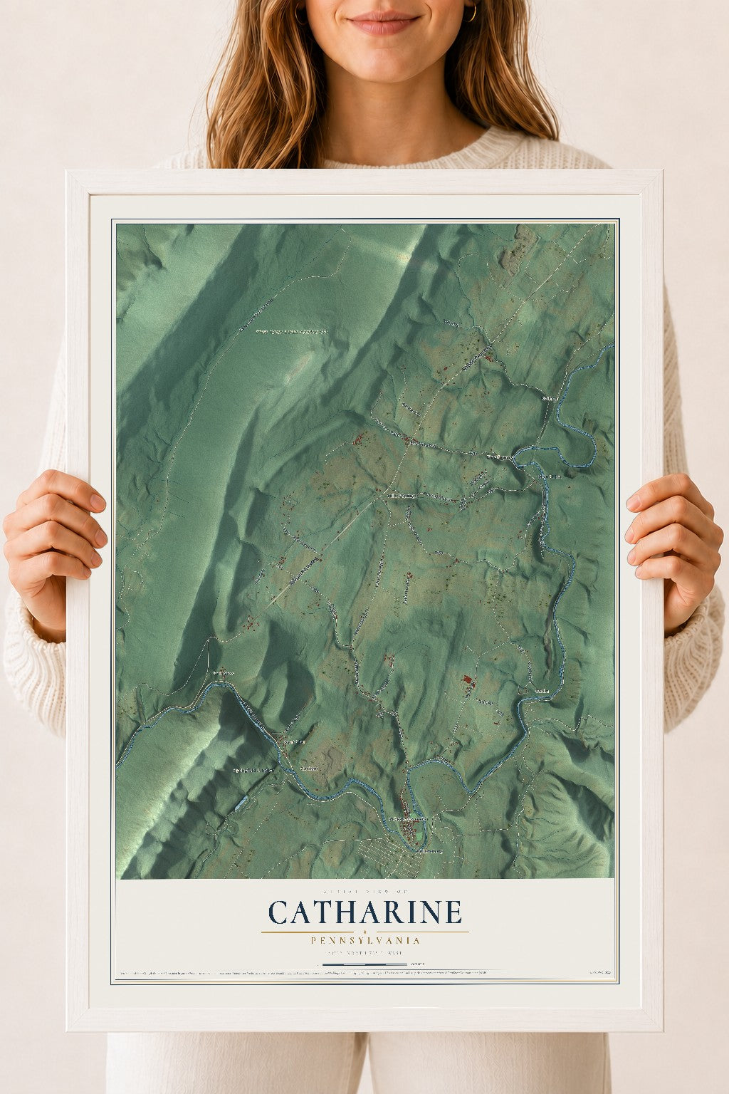 Map of Catharine, Pennsylvania, 18 x 24 inch print in a white wood frame