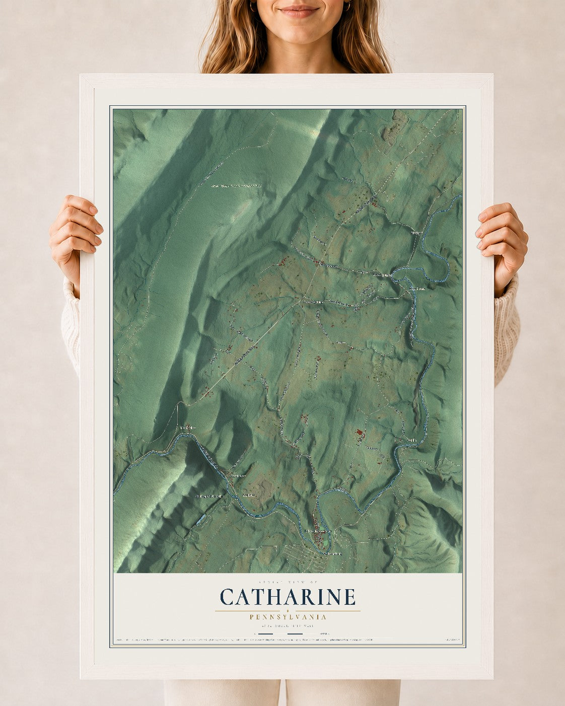 Map of Catharine, Pennsylvania, 24 x 36 inch print in a white wood frame