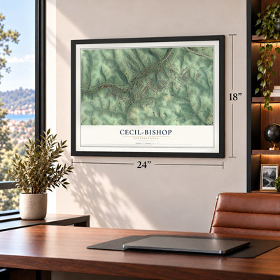 Cecil-Bishop, Pennsylvania map, 18 x 24 inch print in a black frame in a home office