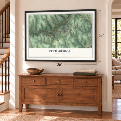 Cecil-Bishop, Pennsylvania map, 24 x 36 inch print in a black frame above a dresser by a staircase
