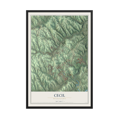 Map of Cecil, Pennsylvania, 12 x 18 inch print in a black wood frame