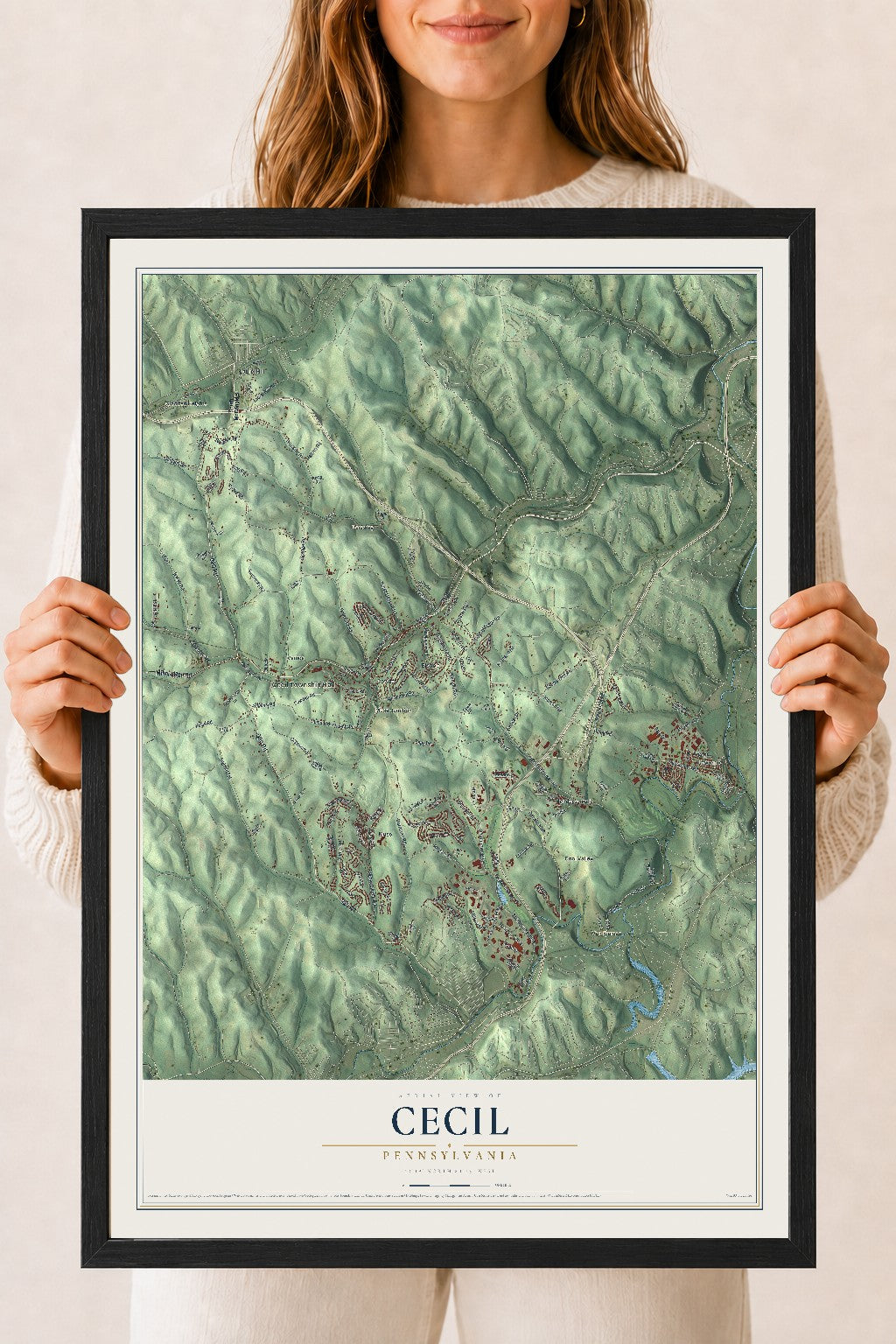 Map of Cecil, Pennsylvania, 18 x 24 inch print in a black wood frame