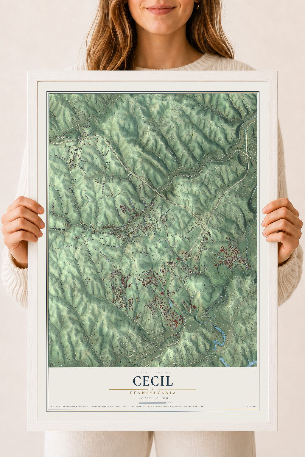 Map of Cecil, Pennsylvania, 18 x 24 inch print in a white wood frame
