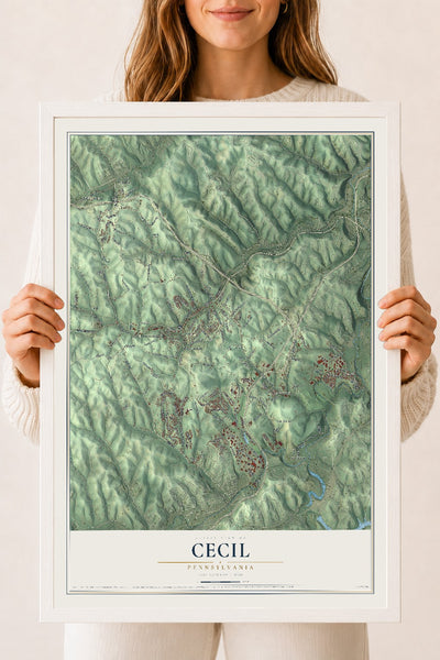 Map of Cecil, Pennsylvania, 18 x 24 inch print in a white wood frame