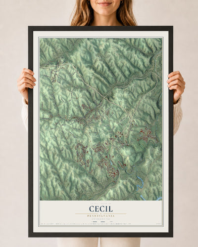 Map of Cecil, Pennsylvania, 24 x 36 inch print in a black wood frame