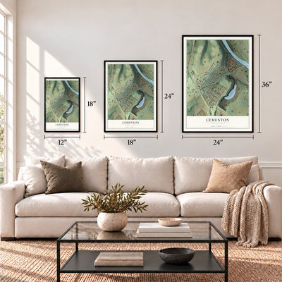 Cementon, Pennsylvania map in 12 x 18, 18 x 24 and 24 x 36 inch sizes above a sofa