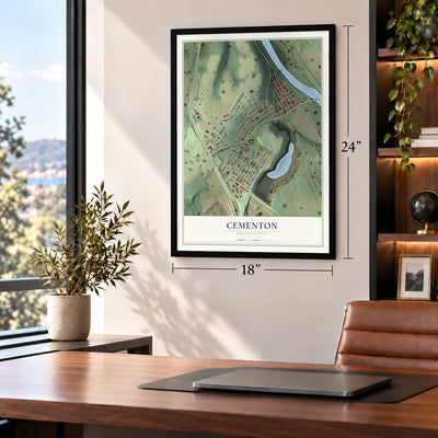 Cementon, Pennsylvania map, 18 x 24 inch print in a black frame in a home office