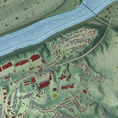 Second close-up of the map of Center, Beaver County, Pennsylvania print showing more streets and buildings
