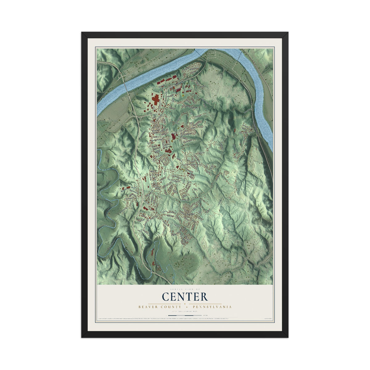 Map of Center, Beaver County, Pennsylvania, 12 x 18 inch print in a black wood frame