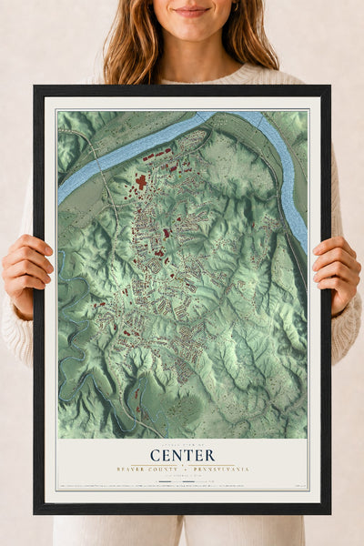 Map of Center, Beaver County, Pennsylvania, 18 x 24 inch print in a black wood frame
