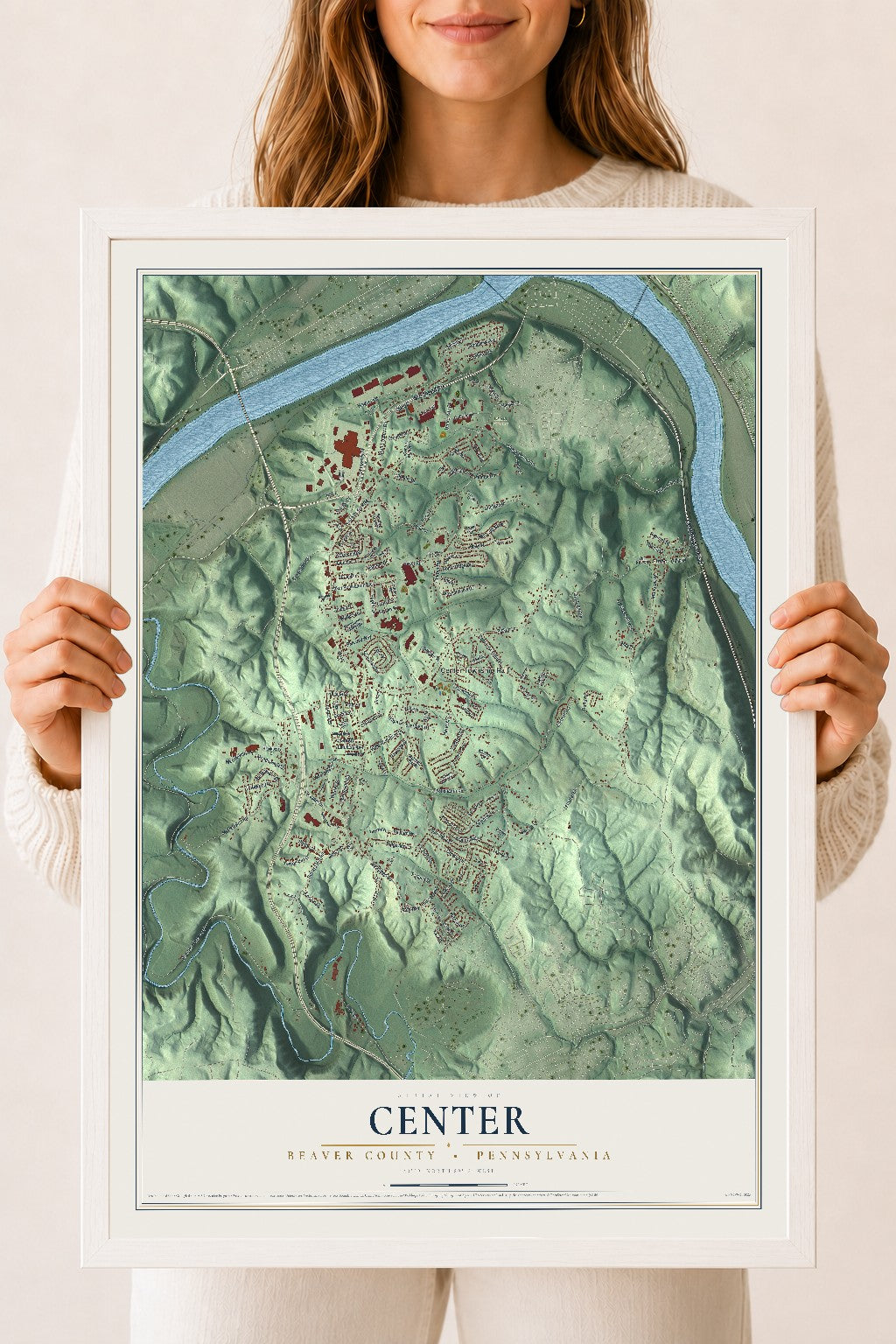 Map of Center, Beaver County, Pennsylvania, 18 x 24 inch print in a white wood frame
