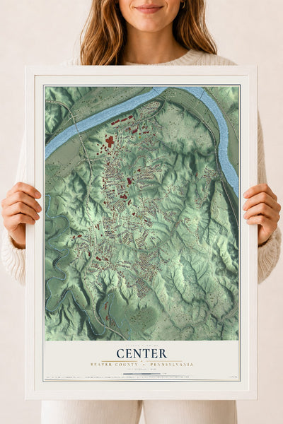 Map of Center, Beaver County, Pennsylvania, 18 x 24 inch print in a white wood frame