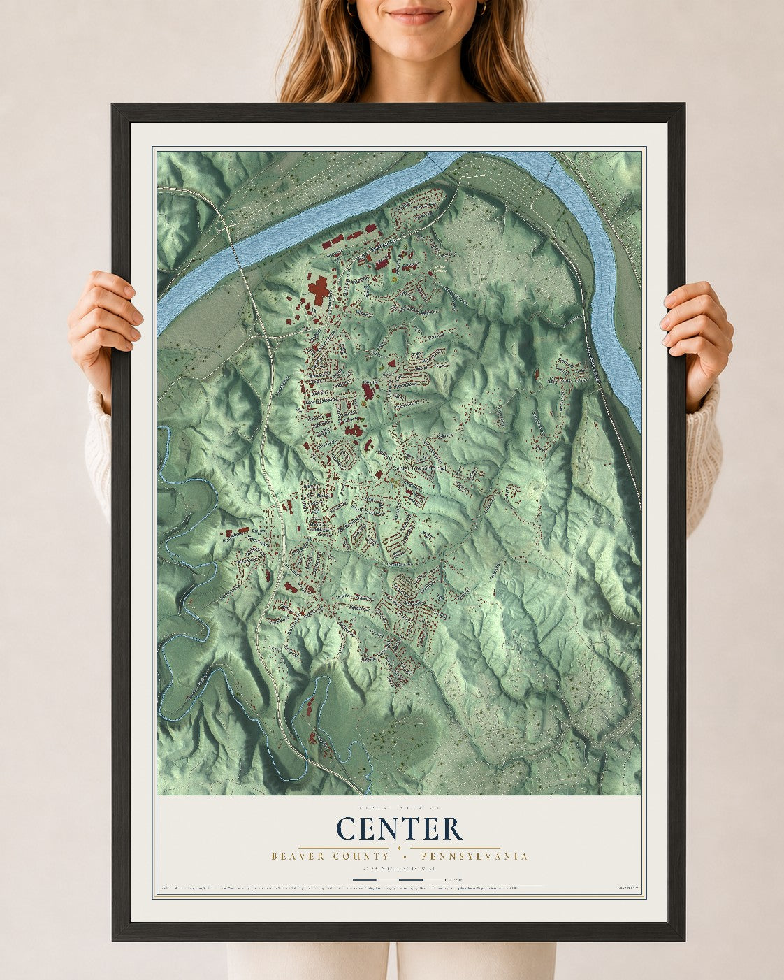 Map of Center, Beaver County, Pennsylvania, 24 x 36 inch print in a black wood frame