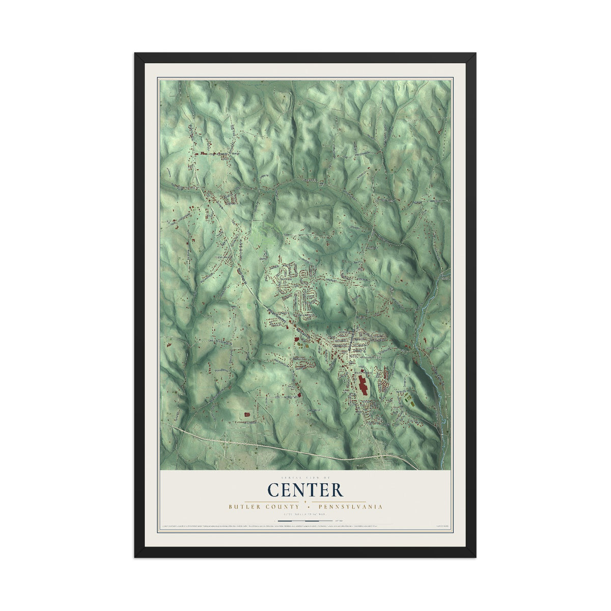 Map of Center, Butler County, Pennsylvania, 12 x 18 inch print in a black wood frame