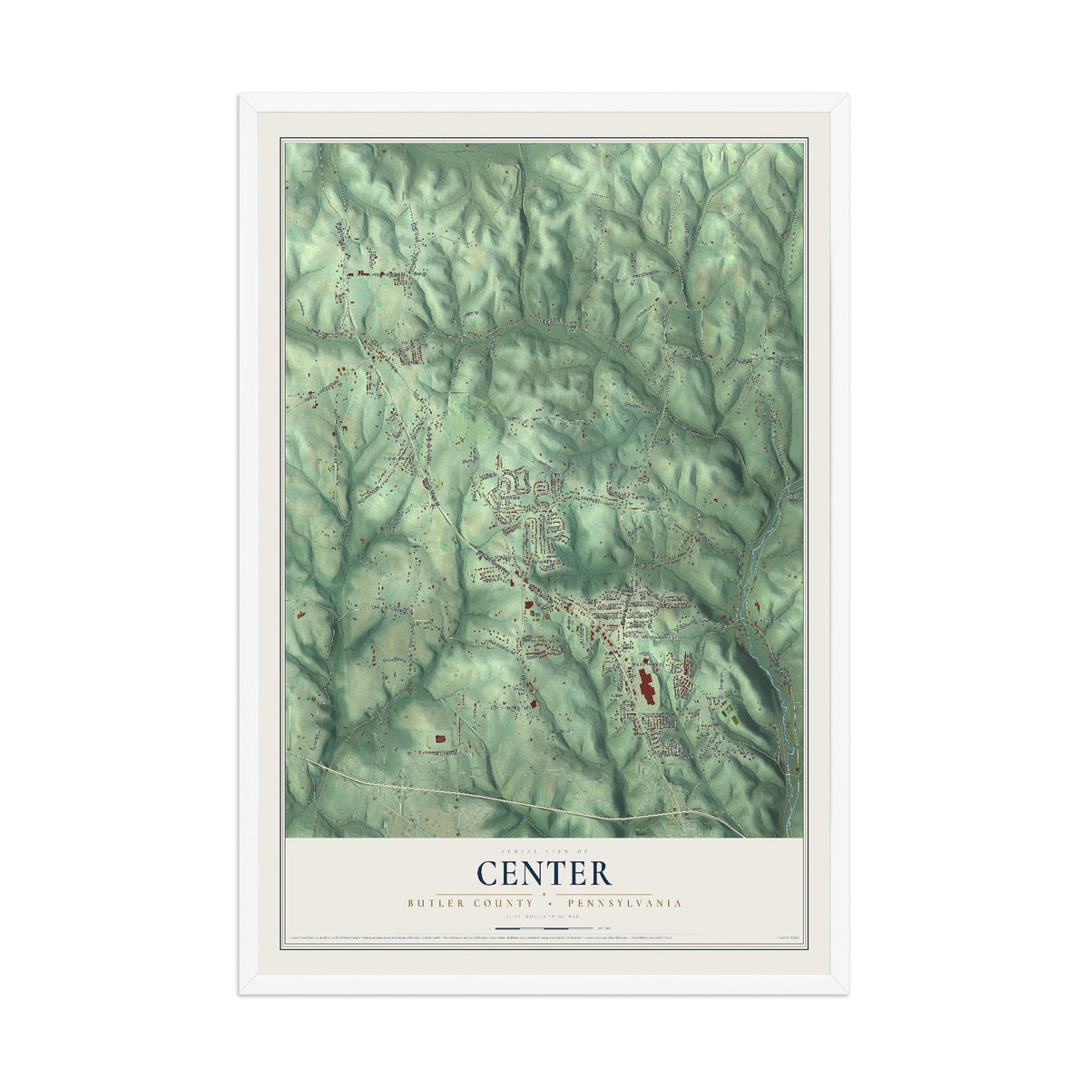 Map of Center, Butler County, Pennsylvania, 12 x 18 inch print in a white wood frame