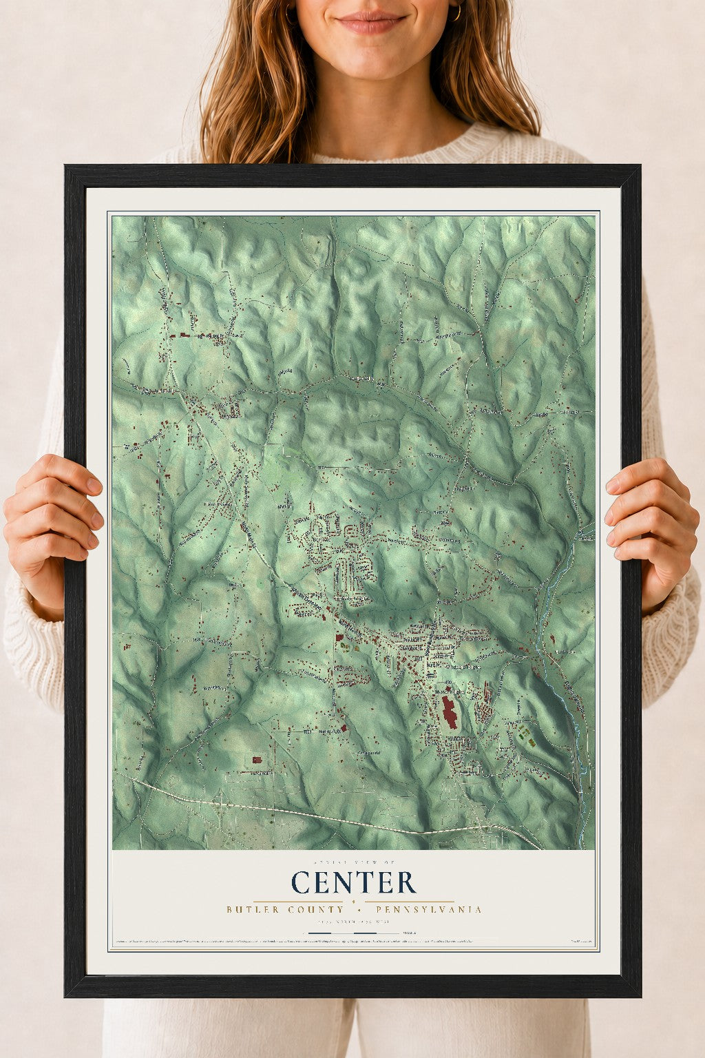 Map of Center, Butler County, Pennsylvania, 18 x 24 inch print in a black wood frame