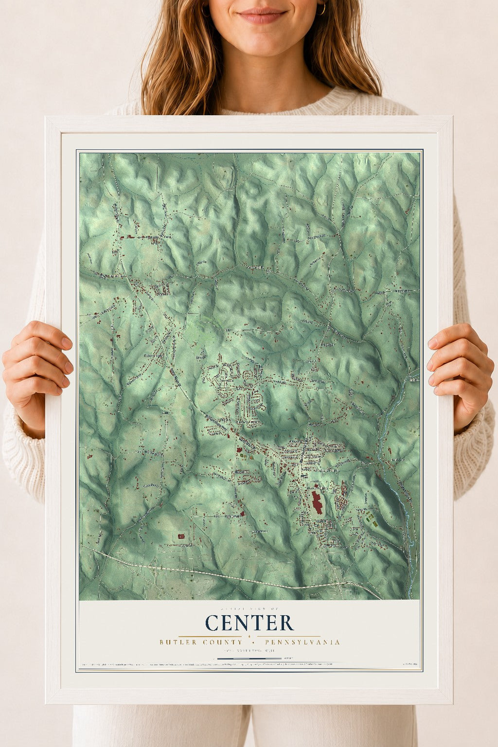 Map of Center, Butler County, Pennsylvania, 18 x 24 inch print in a white wood frame