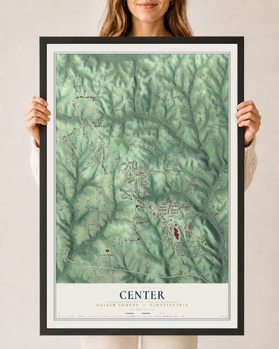 Map of Center, Butler County, Pennsylvania, 24 x 36 inch print in a black wood frame