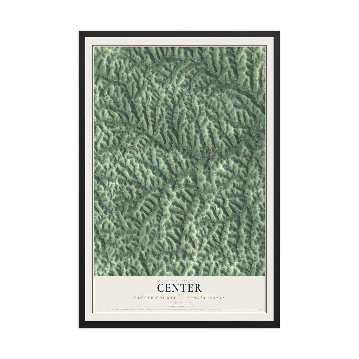 Map of Center, Greene County, Pennsylvania, 12 x 18 inch print in a black wood frame