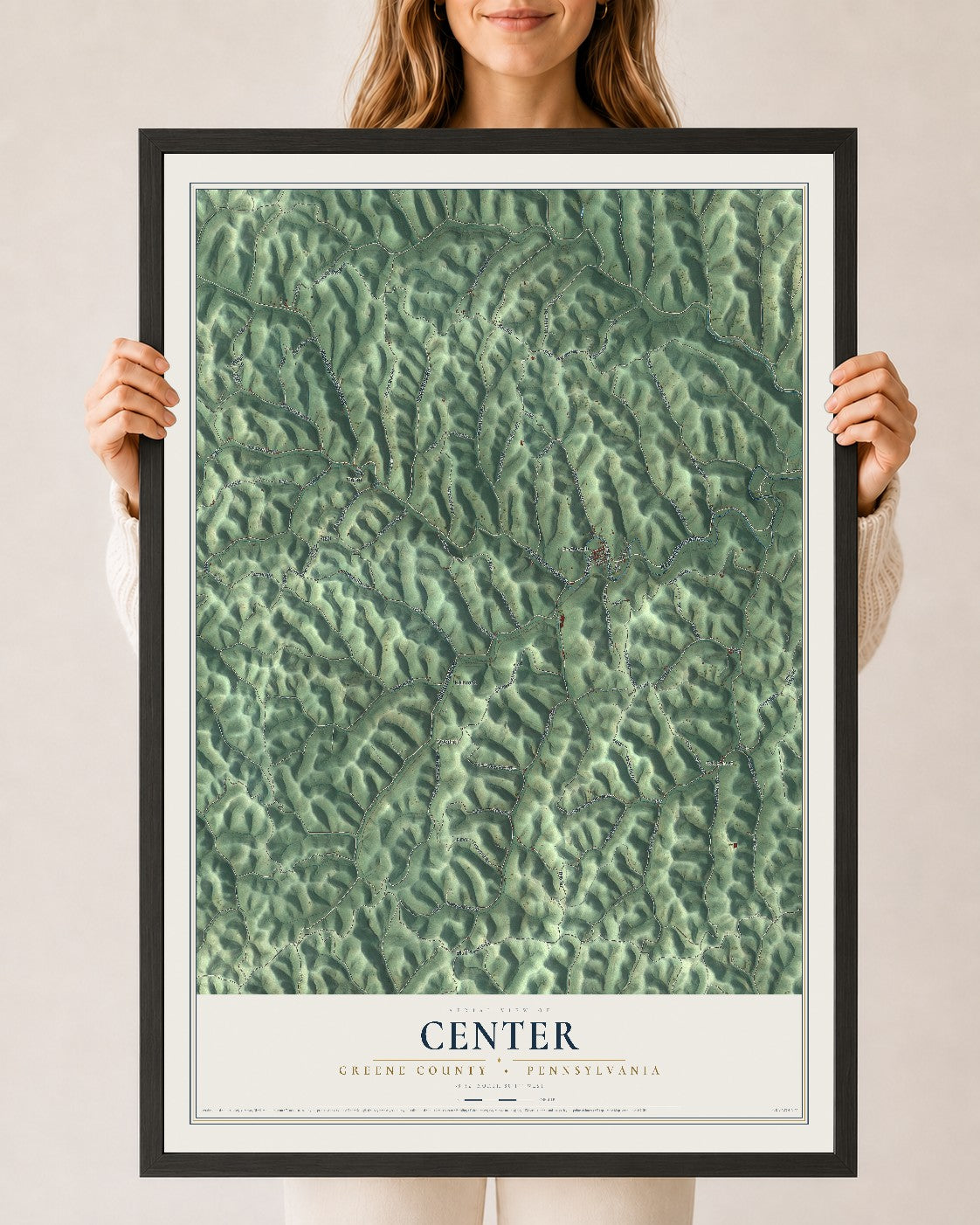 Map of Center, Greene County, Pennsylvania, 24 x 36 inch print in a black wood frame