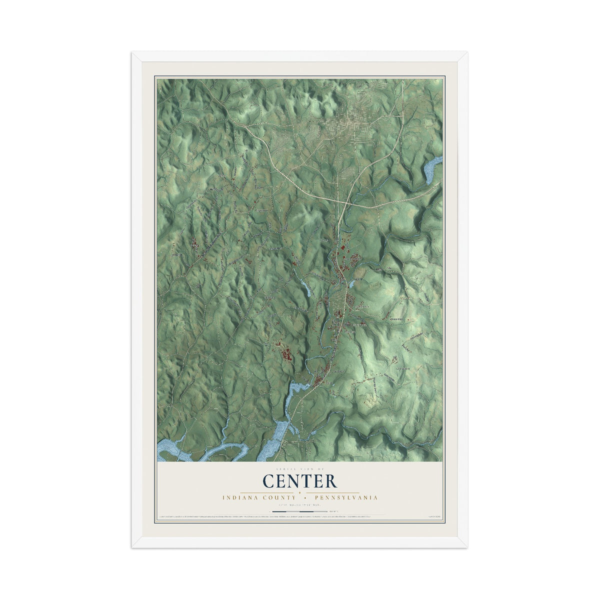 Map of Center, Indiana County, Pennsylvania, 12 x 18 inch print in a white wood frame