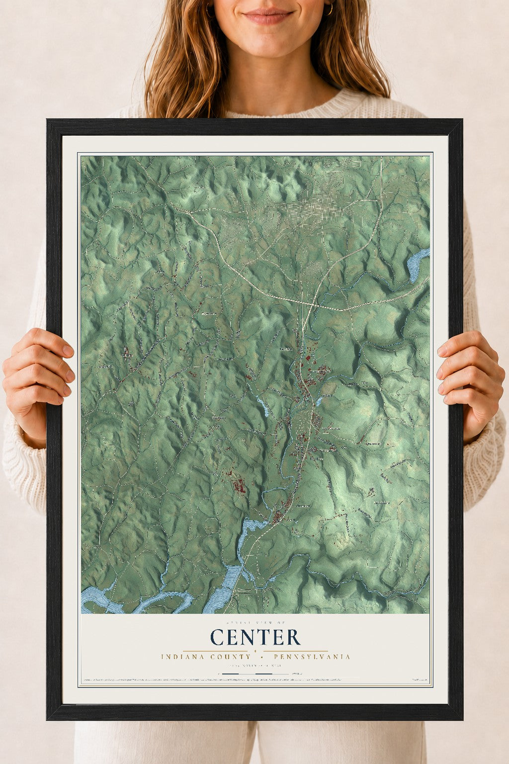Map of Center, Indiana County, Pennsylvania, 18 x 24 inch print in a black wood frame