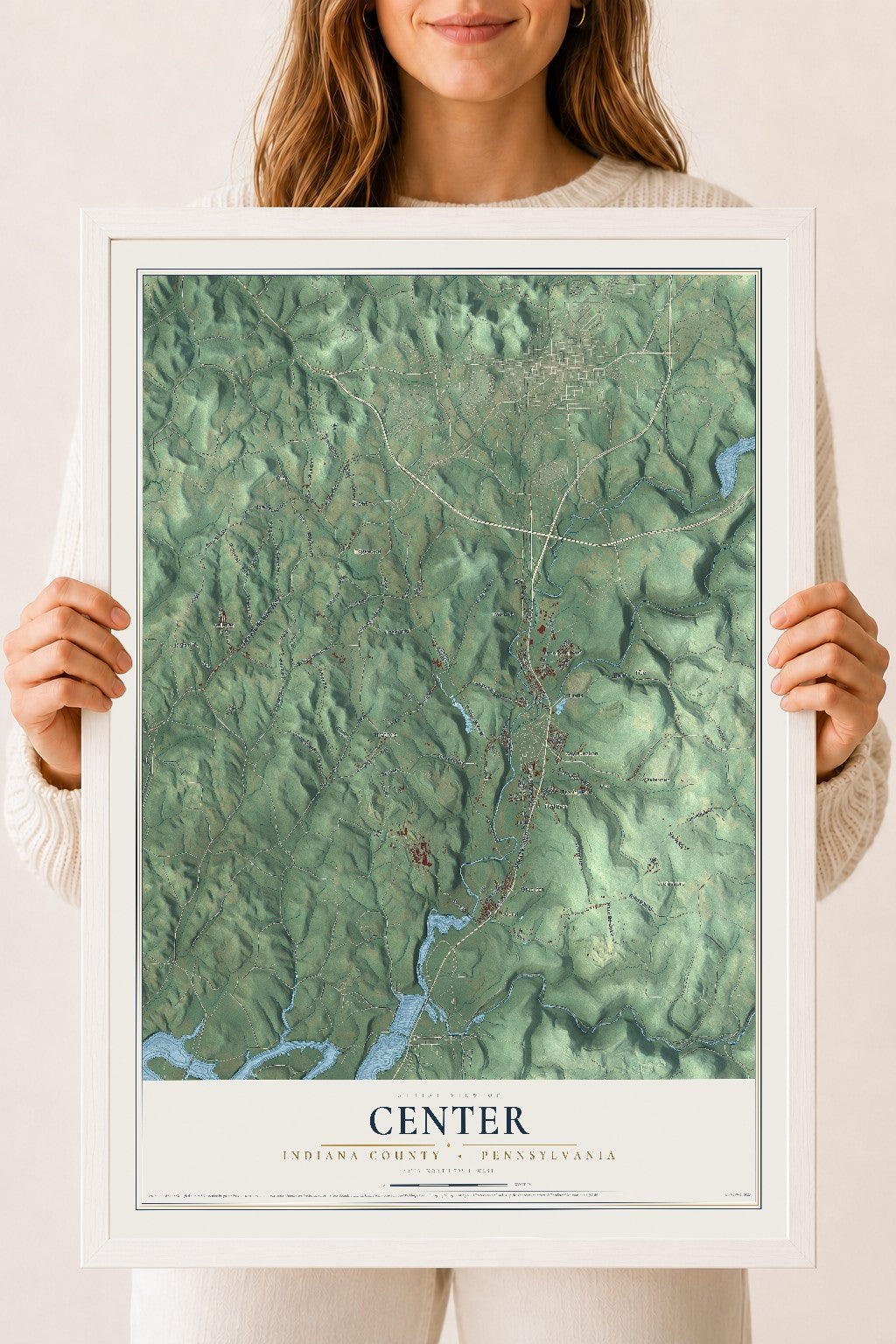 Map of Center, Indiana County, Pennsylvania, 18 x 24 inch print in a white wood frame