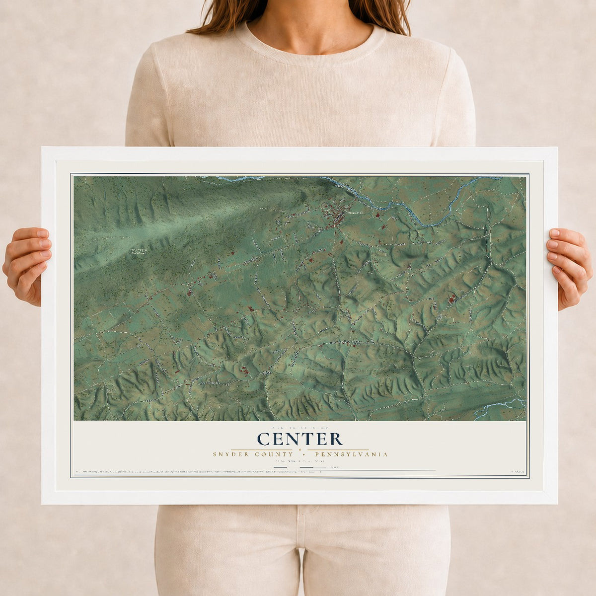 Map of Center, Snyder County, Pennsylvania, 12 x 18 inch print in a white wood frame