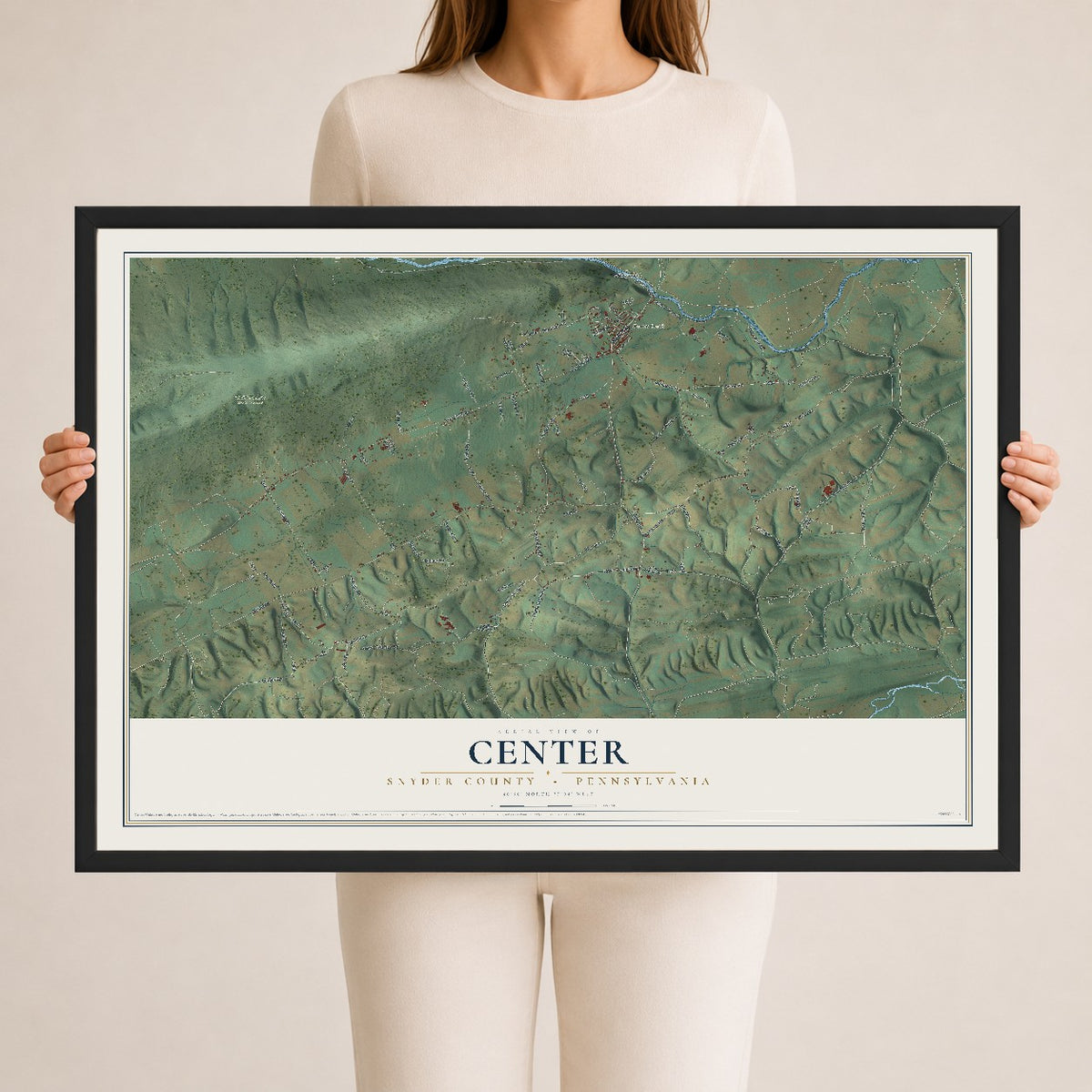 Map of Center, Snyder County, Pennsylvania, 24 x 36 inch print in a black wood frame
