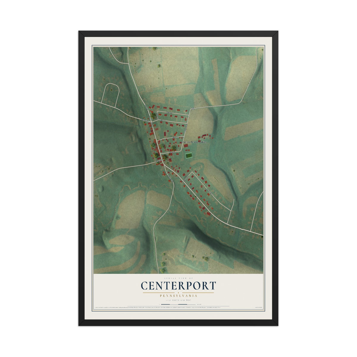 Map of Centerport, Pennsylvania, 12 x 18 inch print in a black wood frame