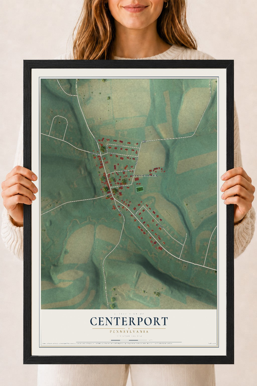 Map of Centerport, Pennsylvania, 18 x 24 inch print in a black wood frame