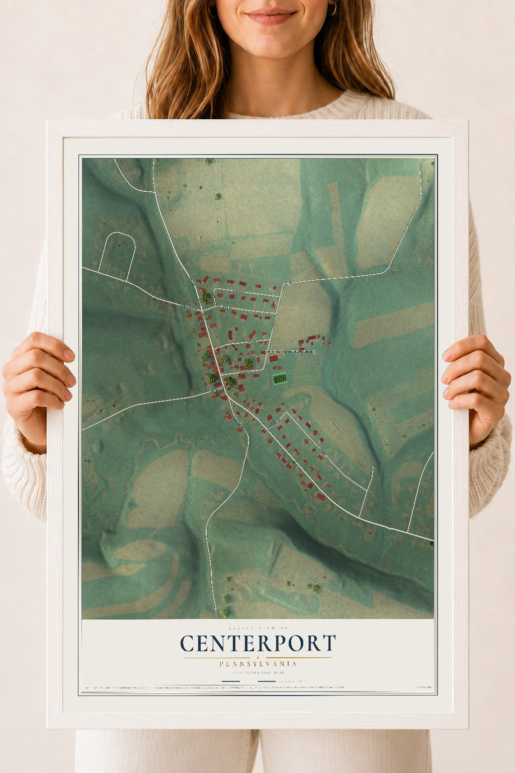 Map of Centerport, Pennsylvania, 18 x 24 inch print in a white wood frame
