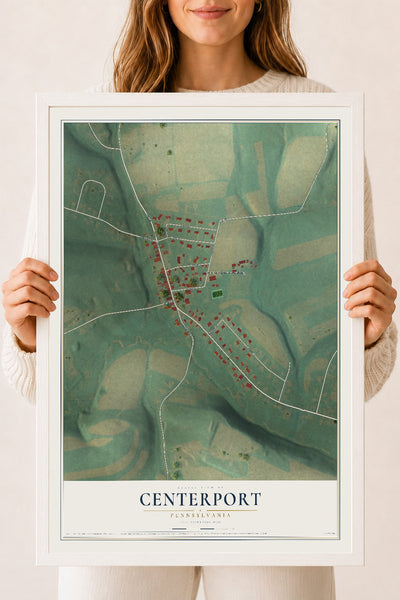 Map of Centerport, Pennsylvania, 18 x 24 inch print in a white wood frame