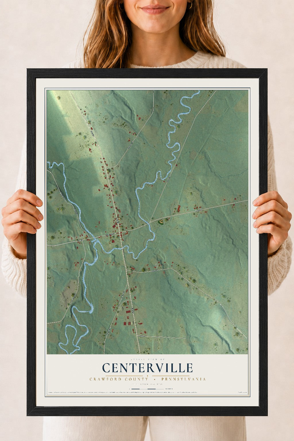 Map of Centerville, Crawford County, Pennsylvania, 18 x 24 inch print in a black wood frame