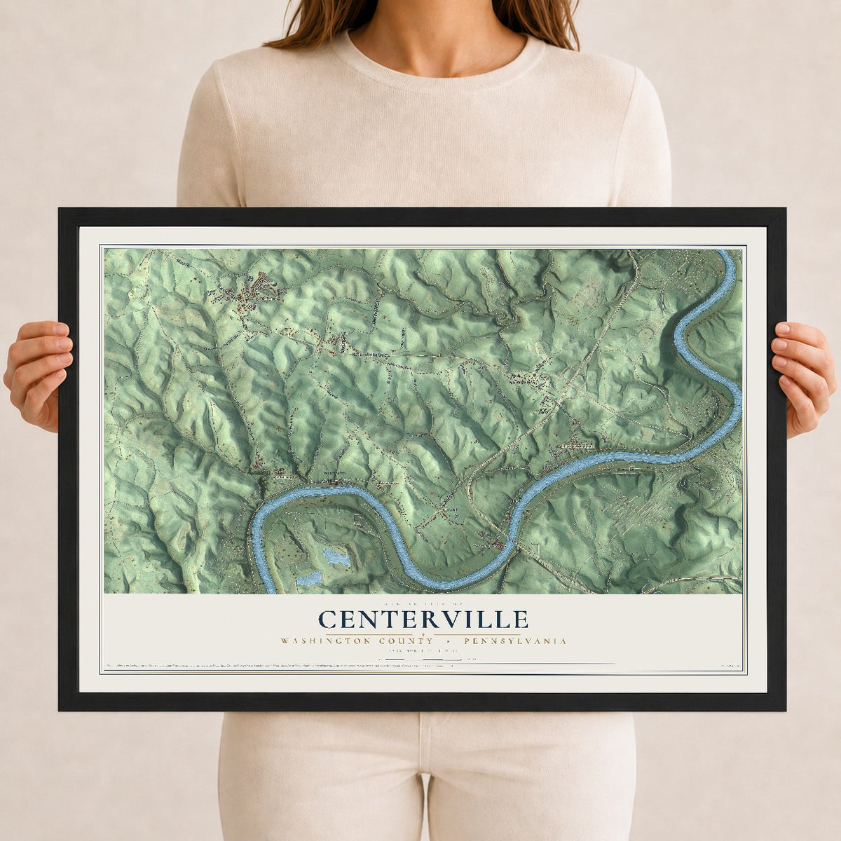 Map of Centerville, Washington County, Pennsylvania, 12 x 18 inch print in a black wood frame