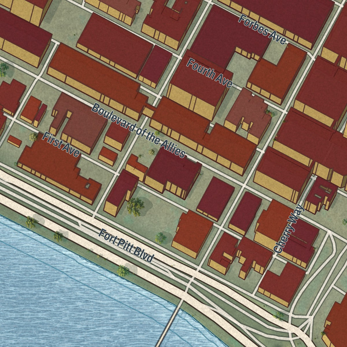 Close-up of the map of Central Business District, Pennsylvania print showing street and building detail