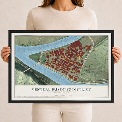 Map of Central Business District, Pennsylvania, 12 x 18 inch print in a black wood frame