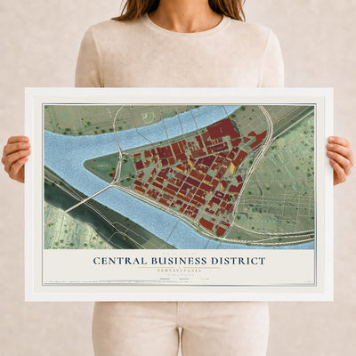 Map of Central Business District, Pennsylvania, 12 x 18 inch print in a white wood frame