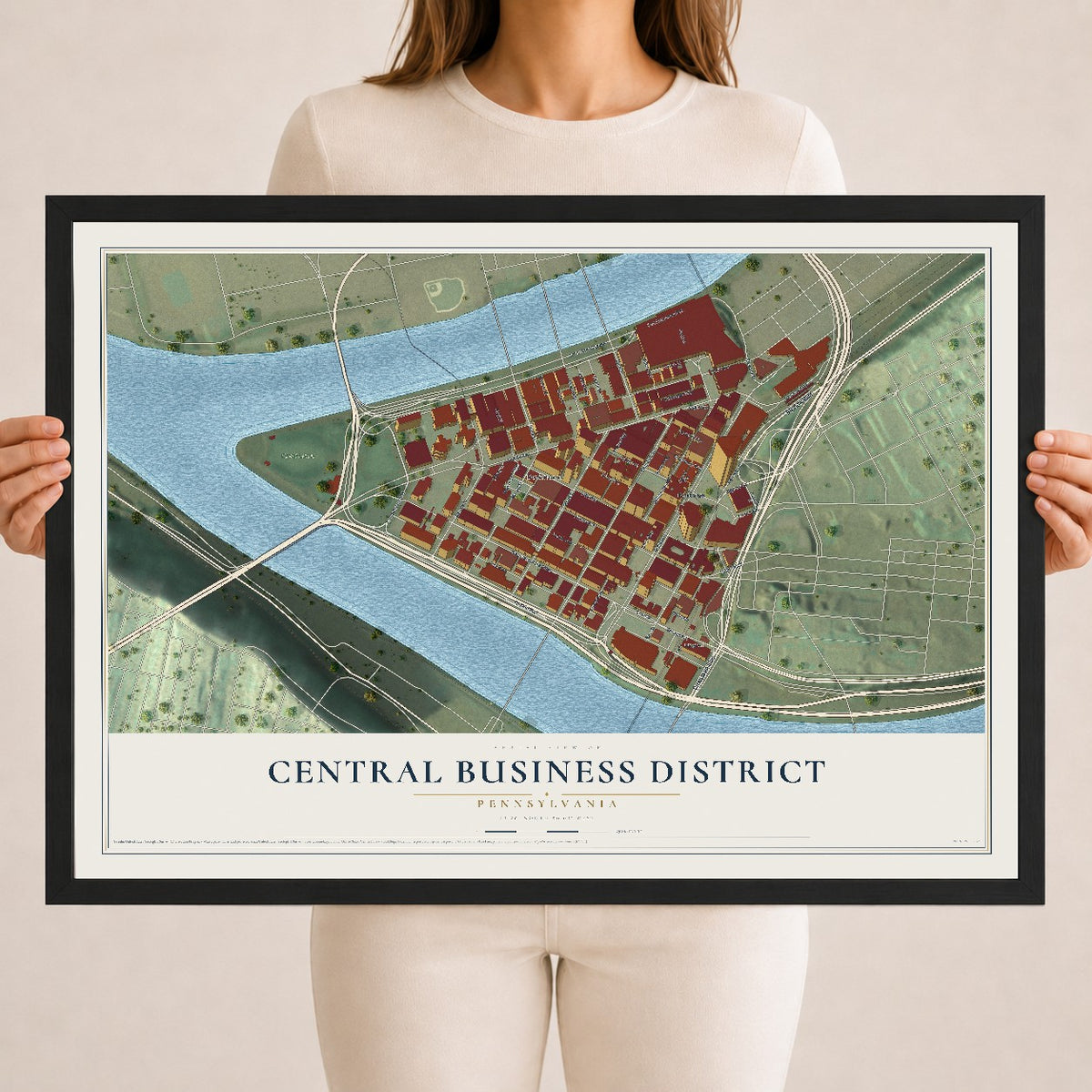 Map of Central Business District, Pennsylvania, 18 x 24 inch print in a black wood frame