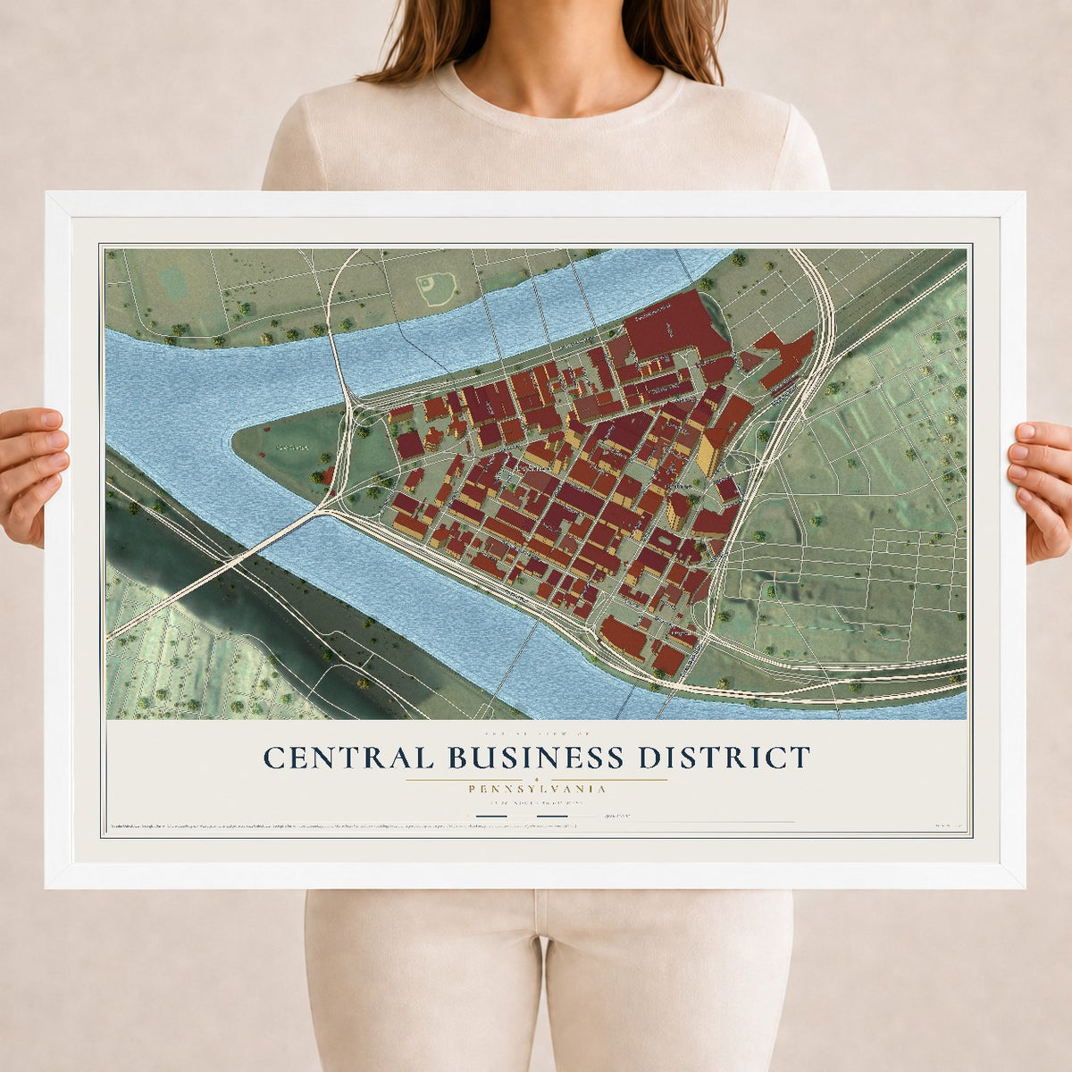 Map of Central Business District, Pennsylvania, 18 x 24 inch print in a white wood frame
