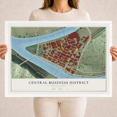 Map of Central Business District, Pennsylvania, 18 x 24 inch print in a white wood frame