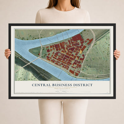 Map of Central Business District, Pennsylvania, 24 x 36 inch print in a black wood frame
