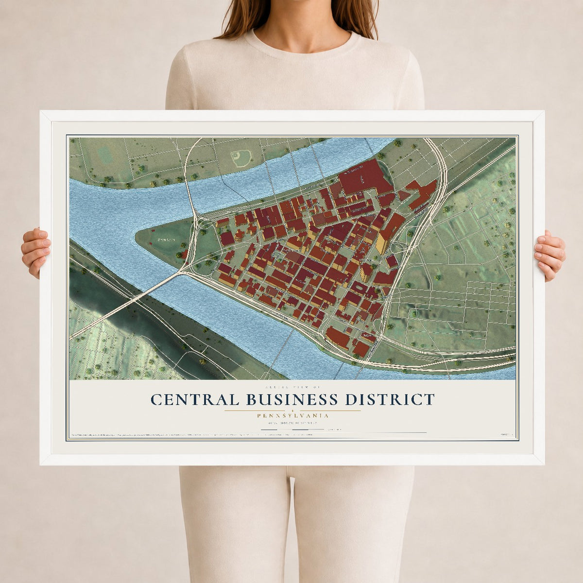 Map of Central Business District, Pennsylvania, 24 x 36 inch print in a white wood frame