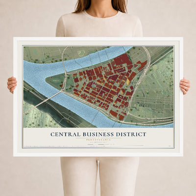 Map of Central Business District, Pennsylvania, 24 x 36 inch print in a white wood frame