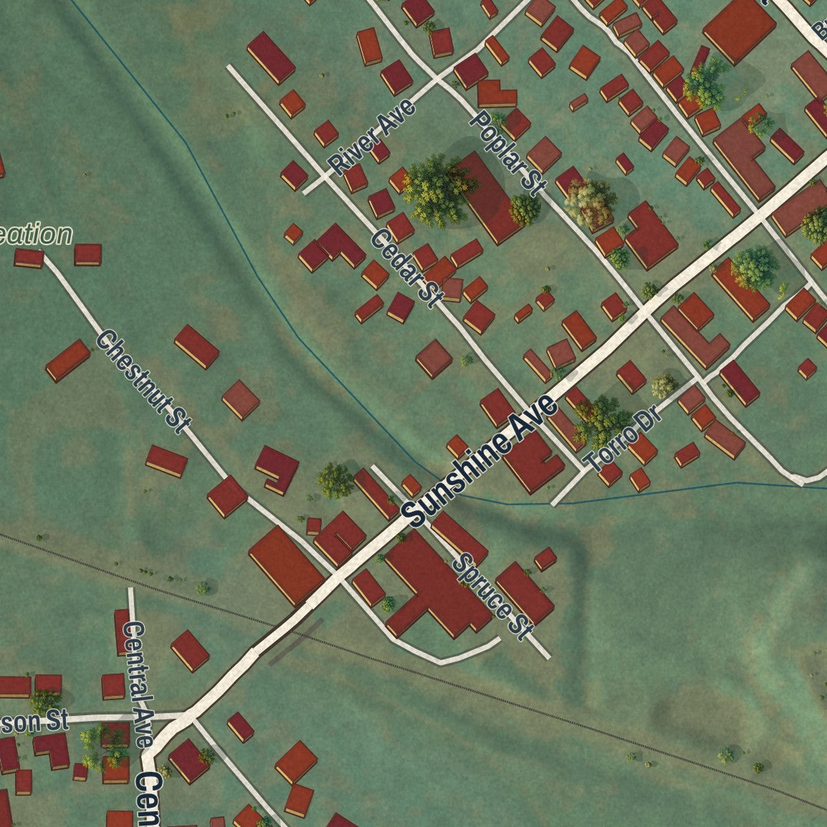 Second close-up of the map of Central City, Pennsylvania print showing more streets and buildings