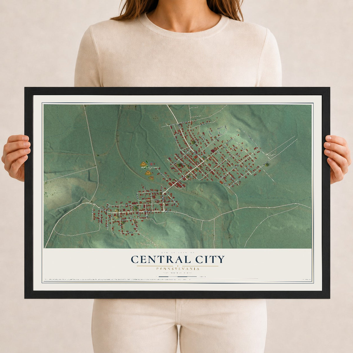 Map of Central City, Pennsylvania, 12 x 18 inch print in a black wood frame